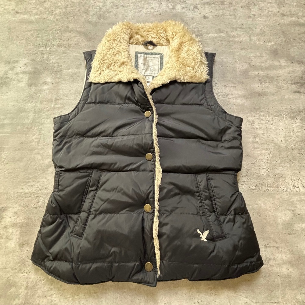 American Eagle Puffer Vest Small Black Faux Fur Trim Quilted Padded Gilet